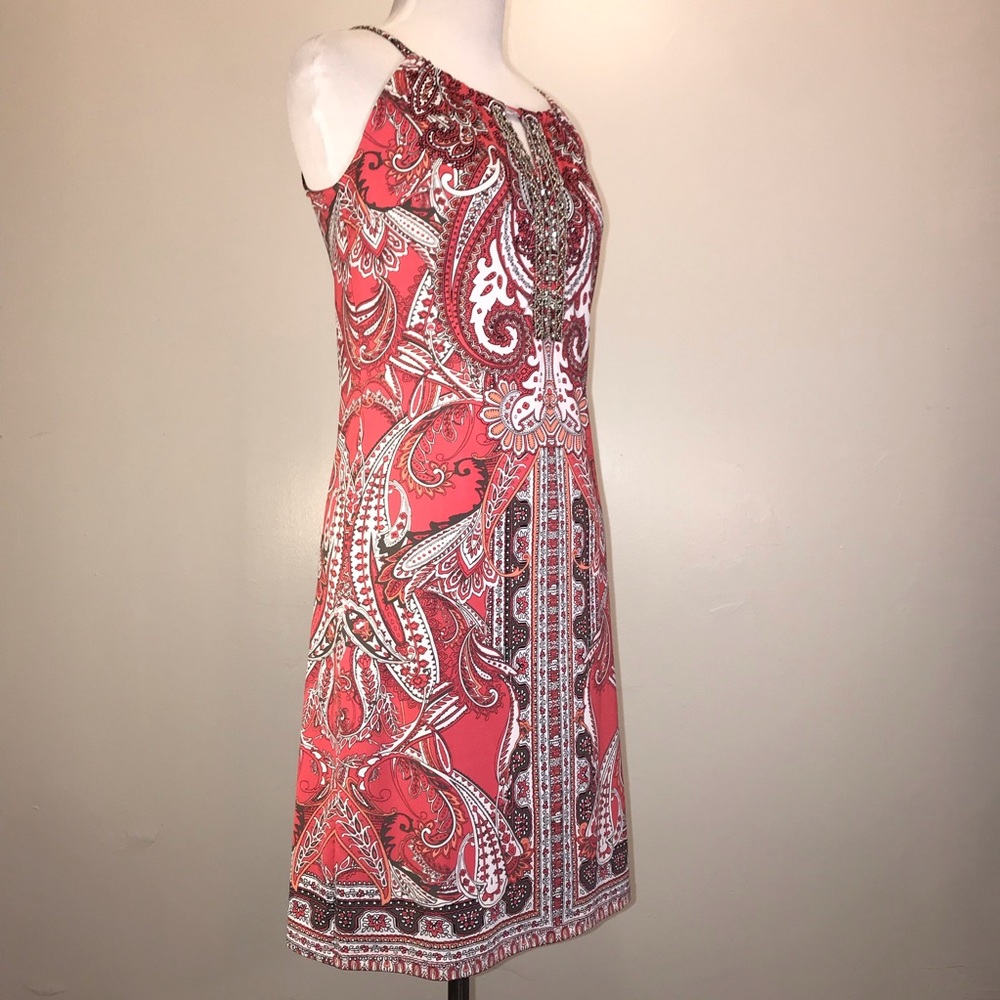 INC Coral Paisley Dress With Jeweled Front - Picture 3 of 6